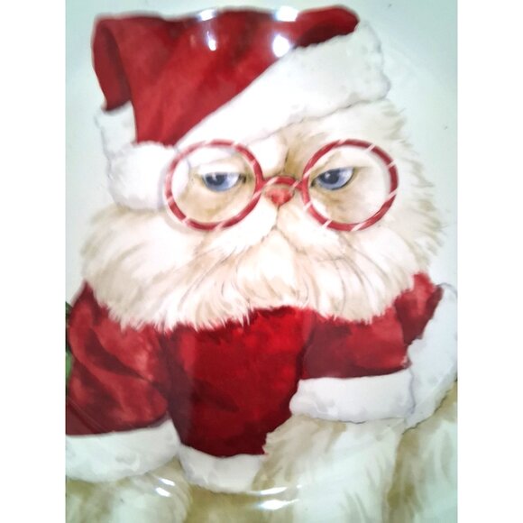 2 Pier 1 Grumpy Christmas Cat Santa with Hat Salad Plate 9” Ironstone - Picture 4 of 7